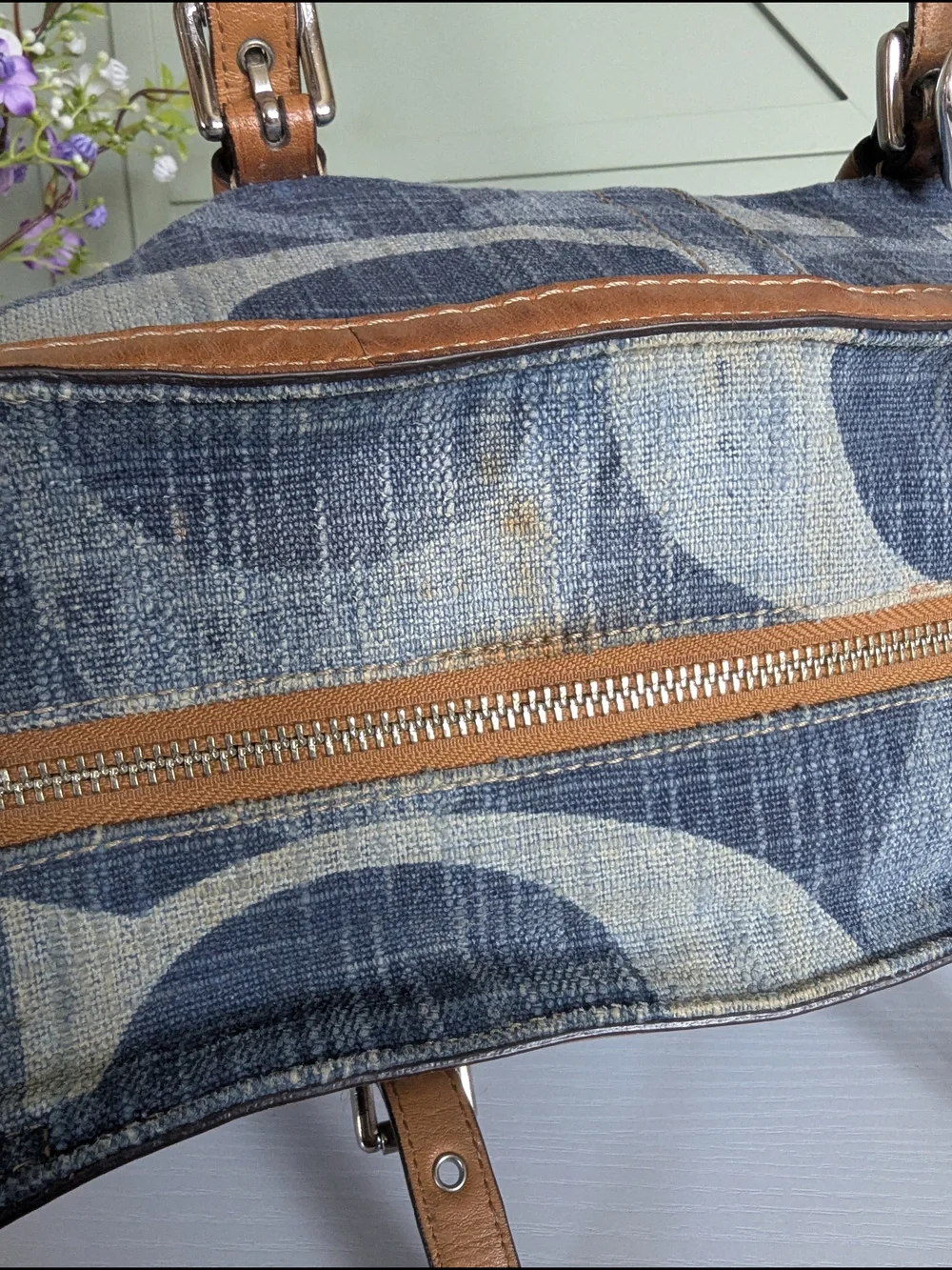 Coach Blue Pattern Logo Tote with Brown Trim